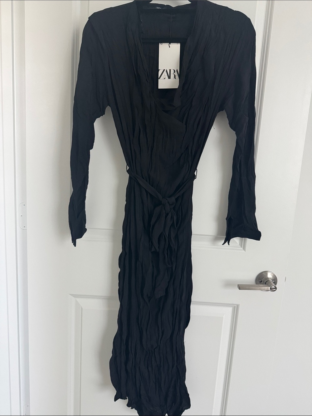 ZARA Black Long Sleeve Crinkled Wrap Dress with Tie Detail